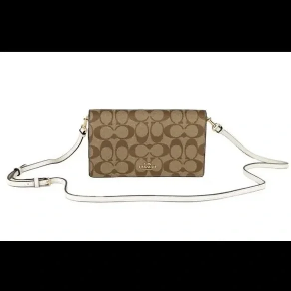 Coach Signature Khaki Chalk Coated Canvas Foldover clutch Crossbody Bag